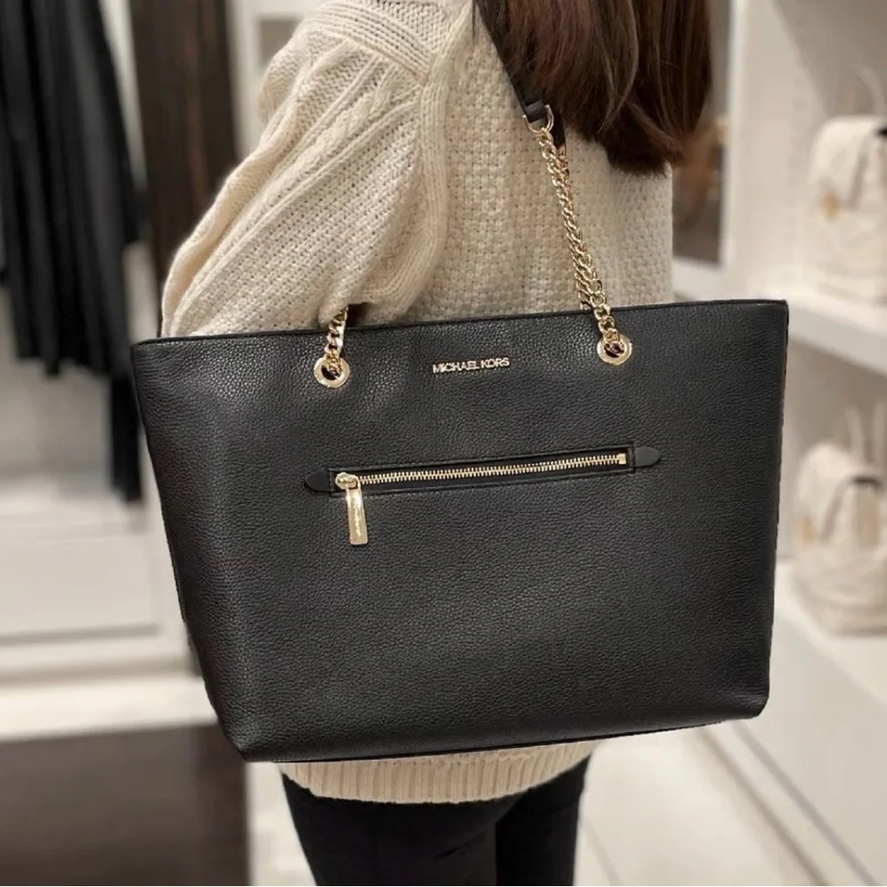 🚨Michael Kors Jet Set Black Tote Medium Front Zip Pebbled Leather Gold Chain